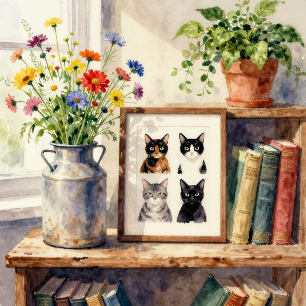 Watercolor Wildflowers in Milk Jug on Bookshelf
