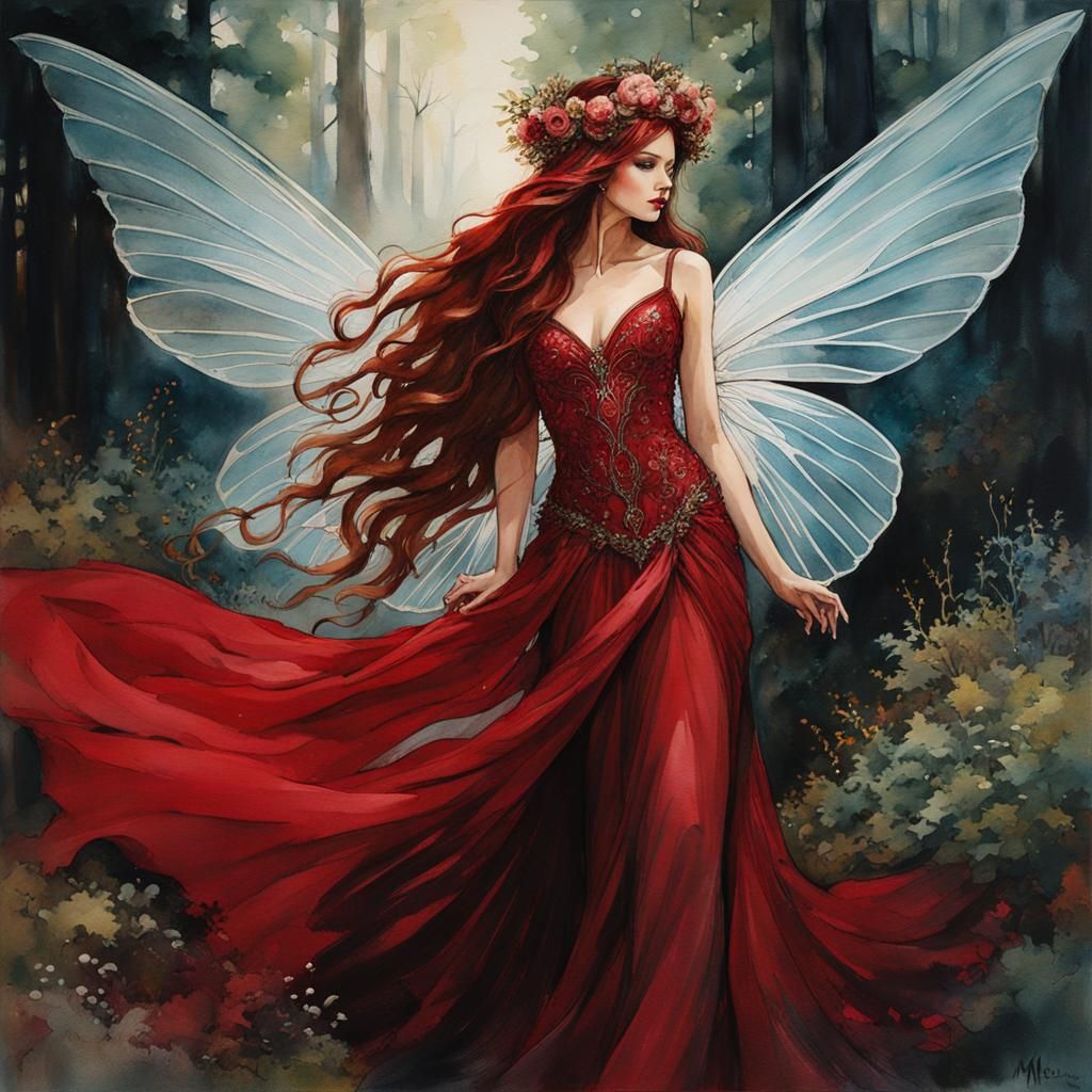 Goddess-Like Fairy in Watercolor and Ink Style