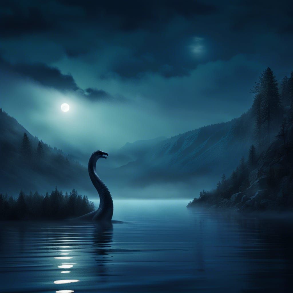 Photorealistic Loch Ness Monster in Moonlight