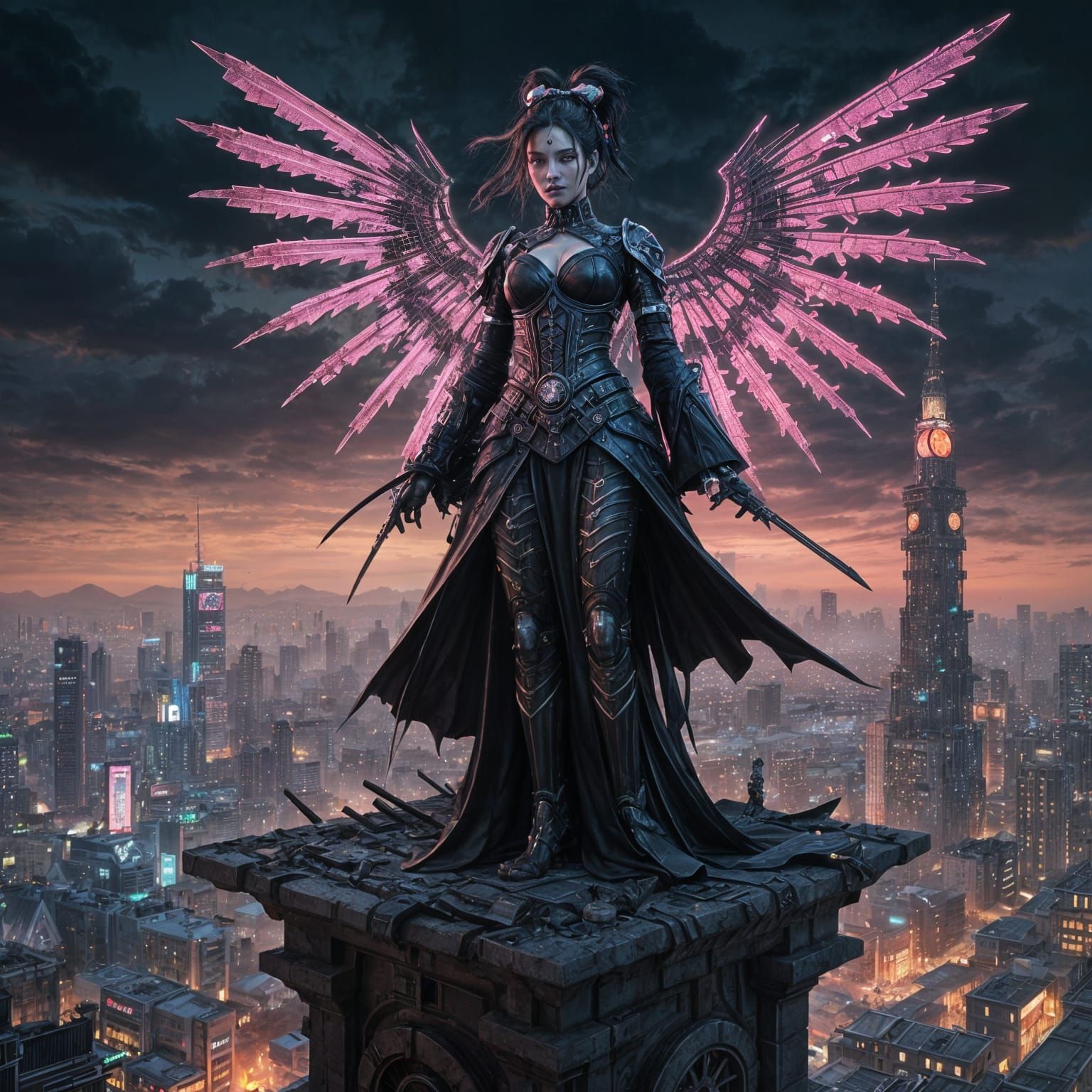 Gothic Cyborg Geisha Overlooks Cyberpunk Cityscape