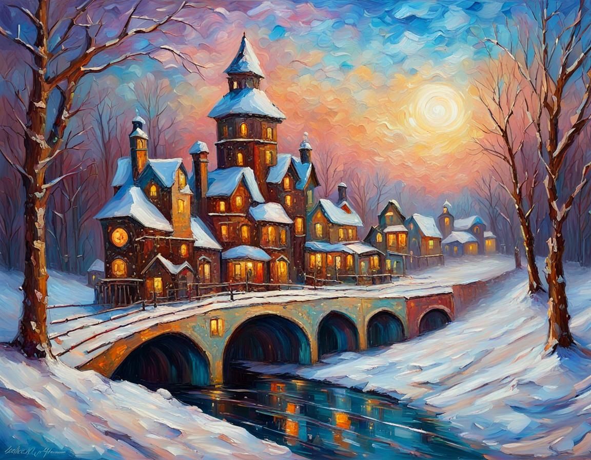 Steampunk Winter Wonderland in Neo-Impressionist Style