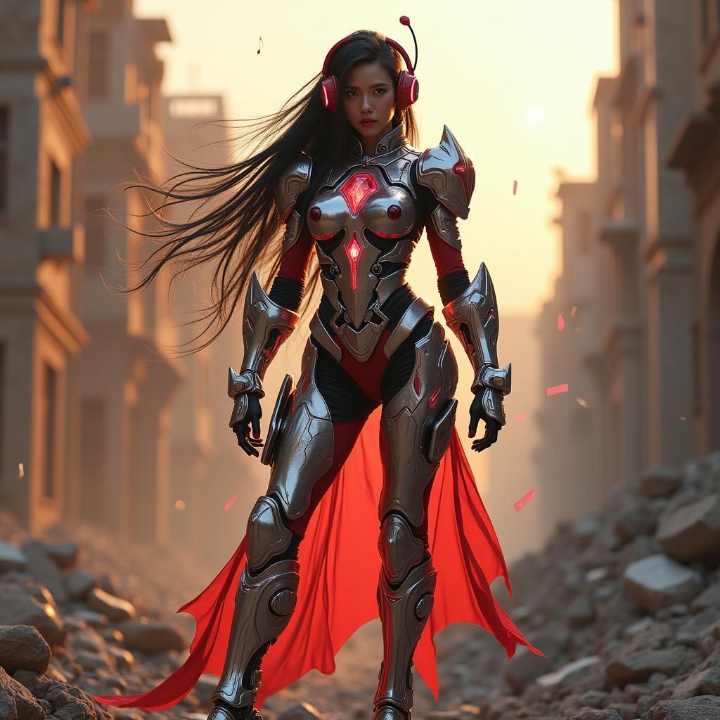 Futuristic Bard Performing Dance in Destroyed City