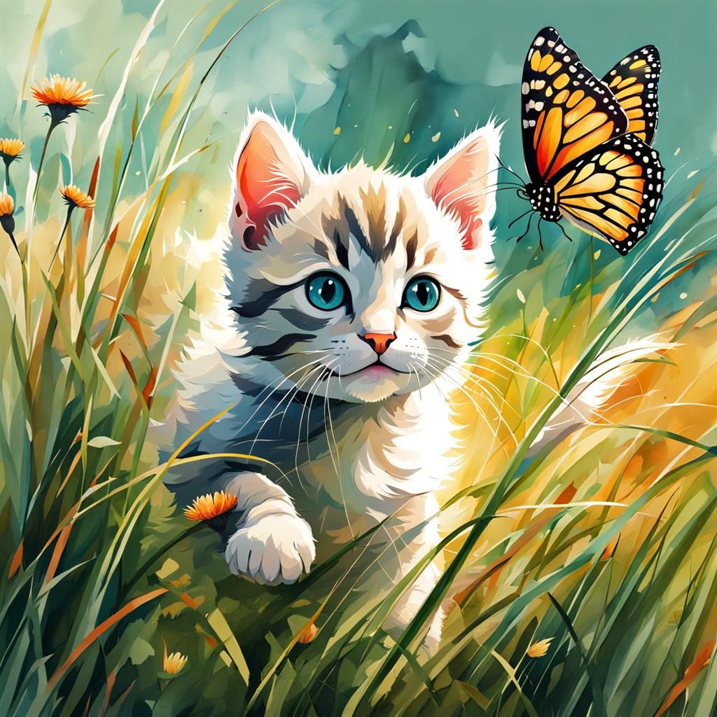 Kitten's Butterfly Chase: Watercolor Meadow Scene
