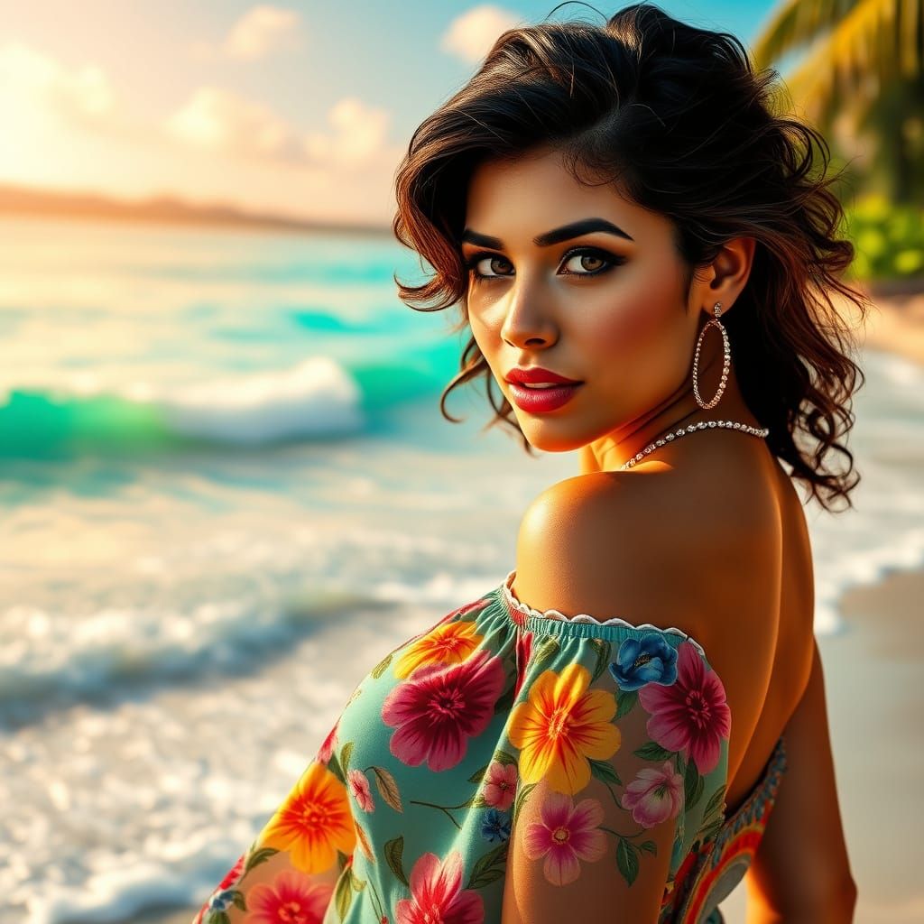Sensual Latina Goddess on Tropical Beach in Hyperrealistic S...