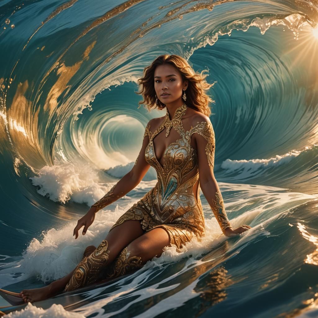 Model Surfing in Wave, Golden Hour Fantasy Lighting