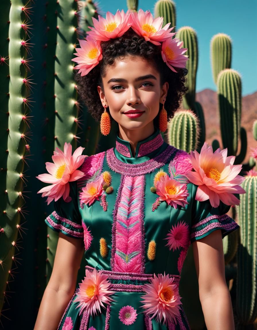 Hyperrealistic Cactus Flower Woman in Synthwave Style
