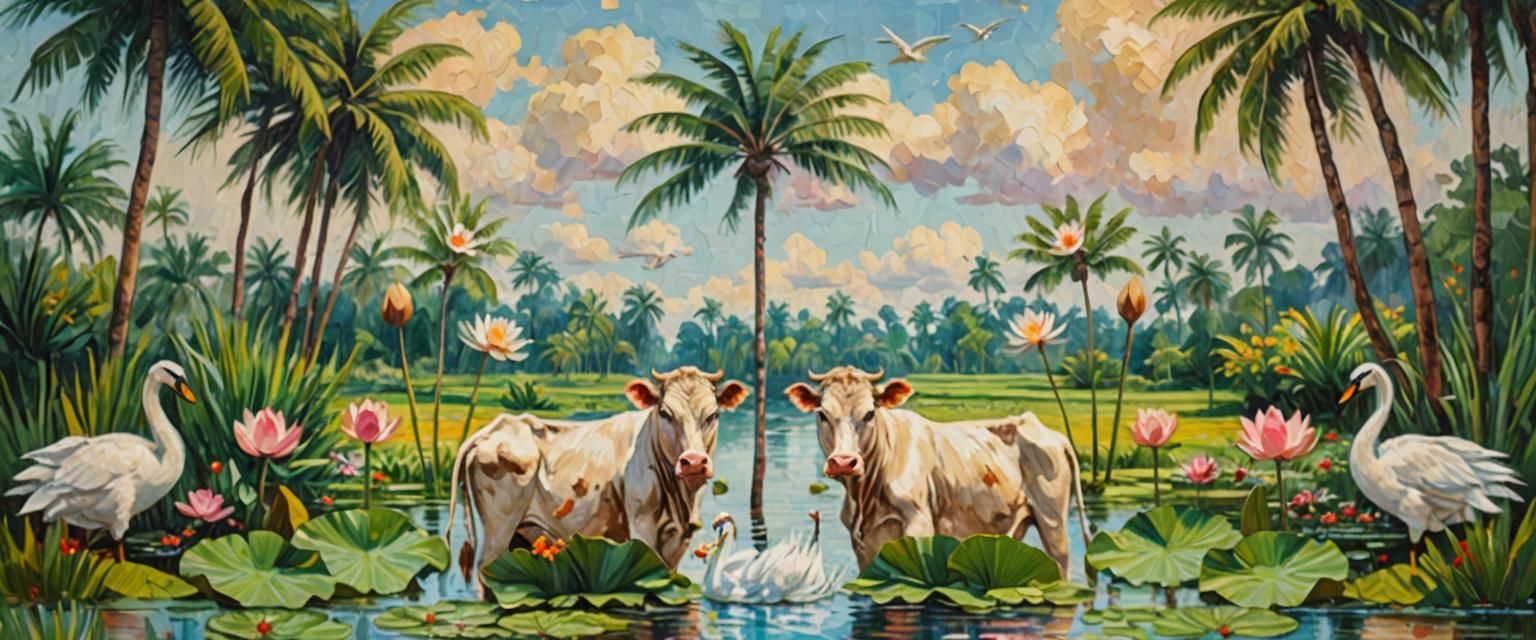 Cow by Lotus Pond: Neo-Impressionist Impasto Painting