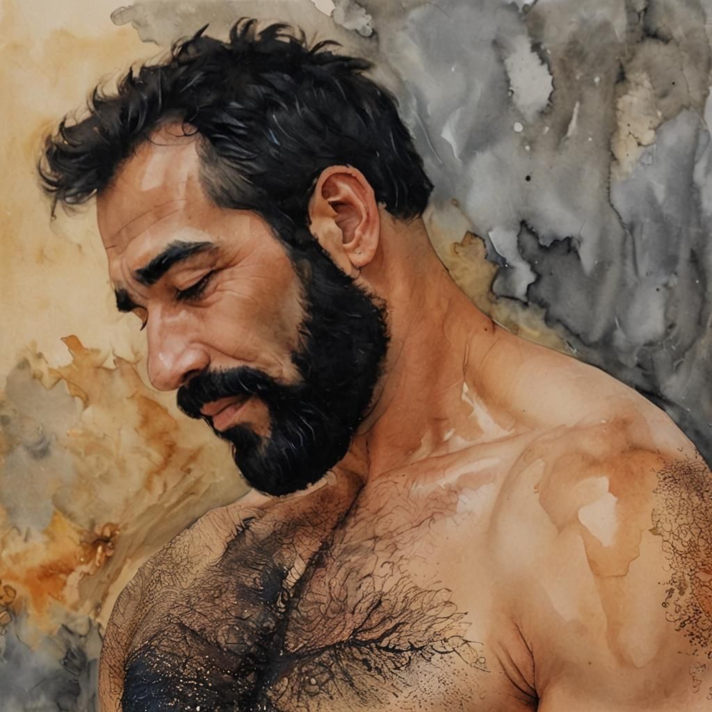 Hirsute Man Portrait in Neo-Impressionist Alcohol Ink Style