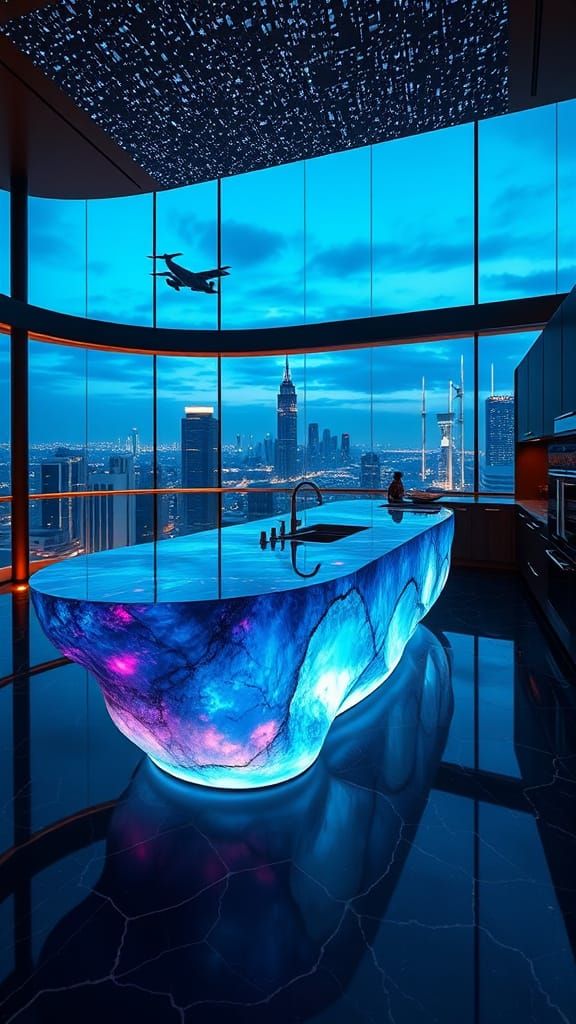 Luxury Kitchen in Cyberpunk Skyscraper Penthouse