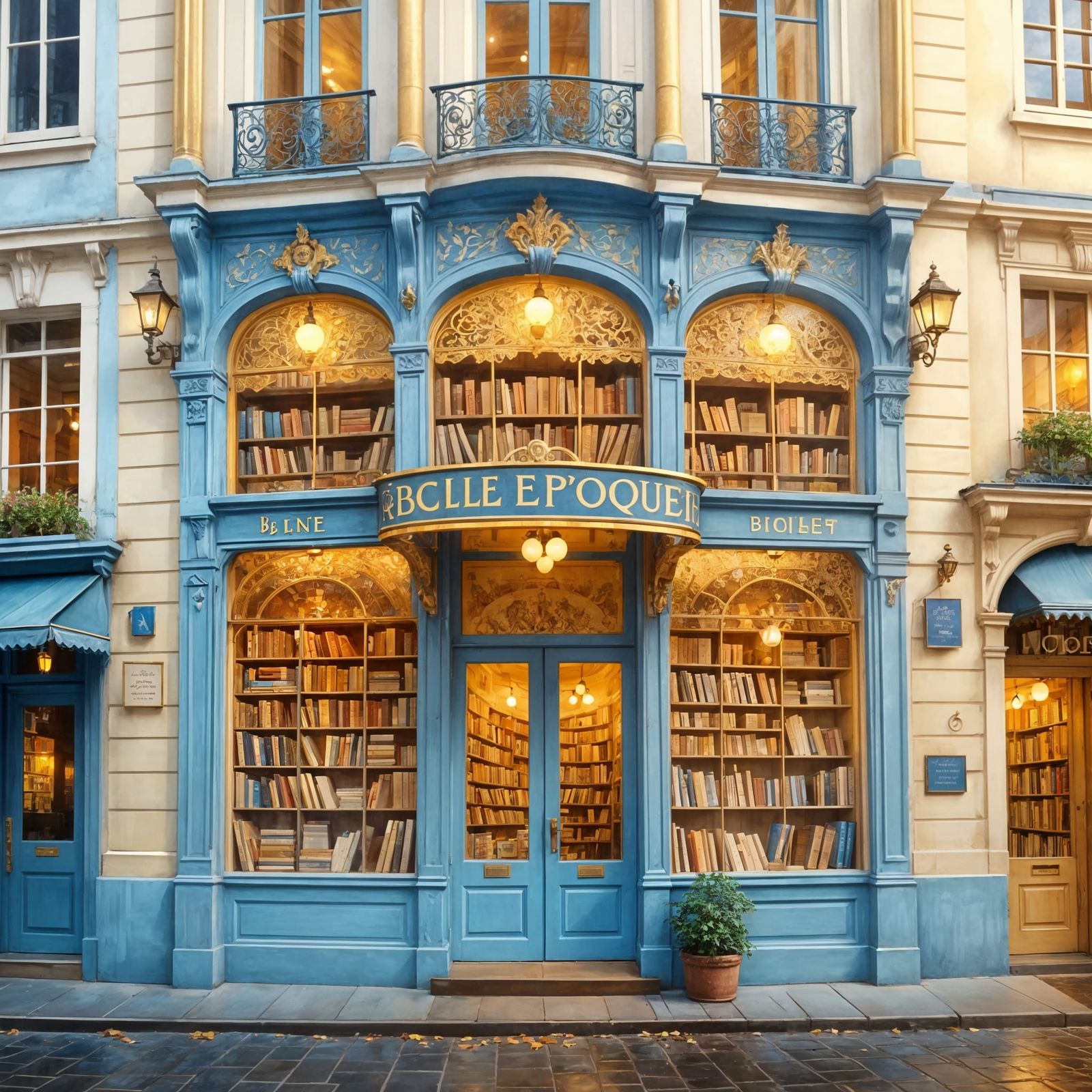 Cozy Blue Belle Epoque Bookshop Facade in Klimt Style