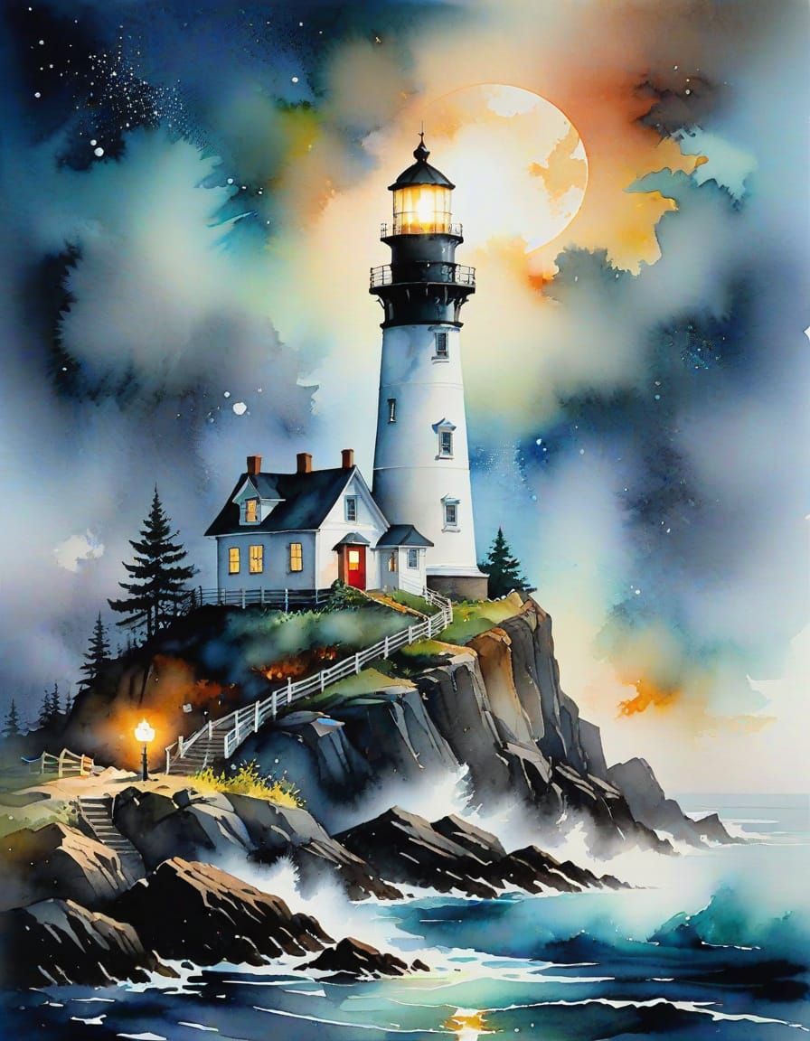 Lighthouse Pierces Fog in Watercolor Alcohol Ink Art