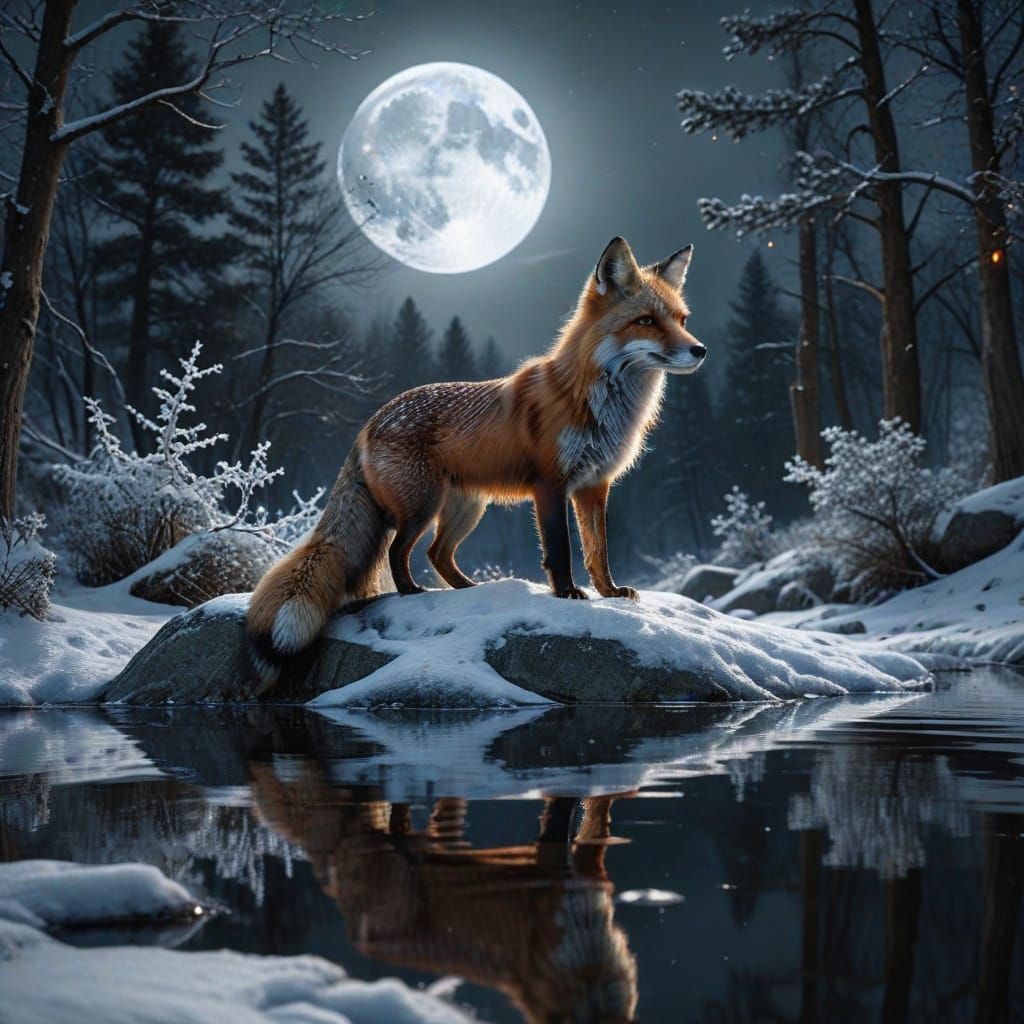 Majestic Red Fox Silhouette in Winter Moonlight