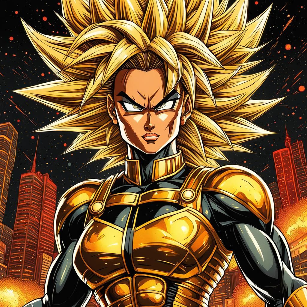 80s Anime Super Saiyan Woman in Metropolis