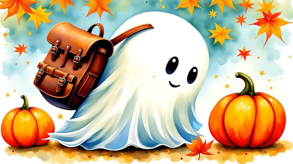 Whimsical Watercolor Ghost with Autumn Leaves and Jack-o-lan...