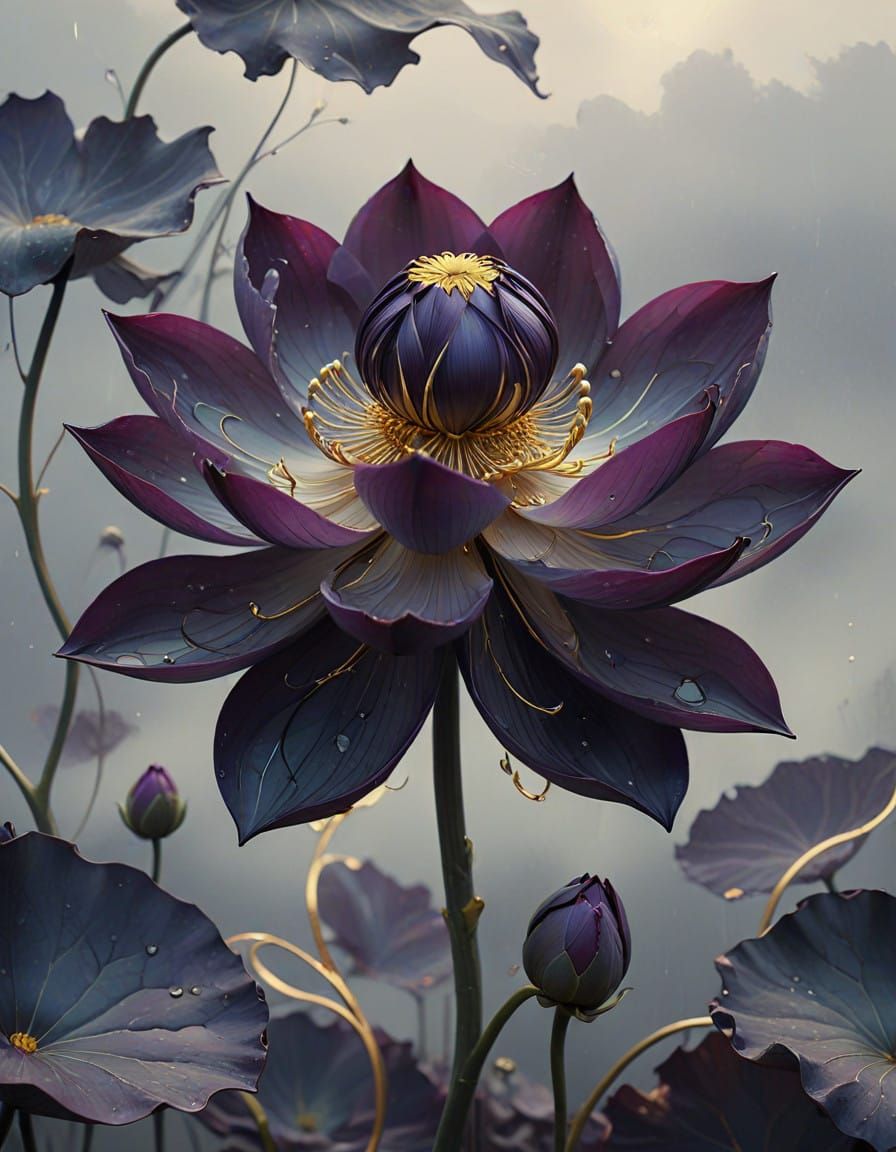 Dark Black Lotus Petals in Gentle Grey Breeze