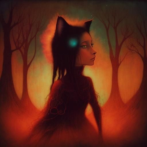 Dreamlike Woman-Cat in Art Brut Style