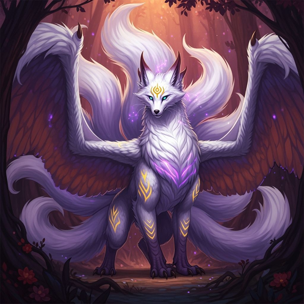 Majestic Nine-Tailed Fox-Dragon in Mystical Forest