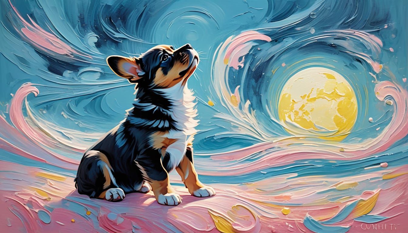 Puppy Howling on Moon in Dreamy Rococo Style