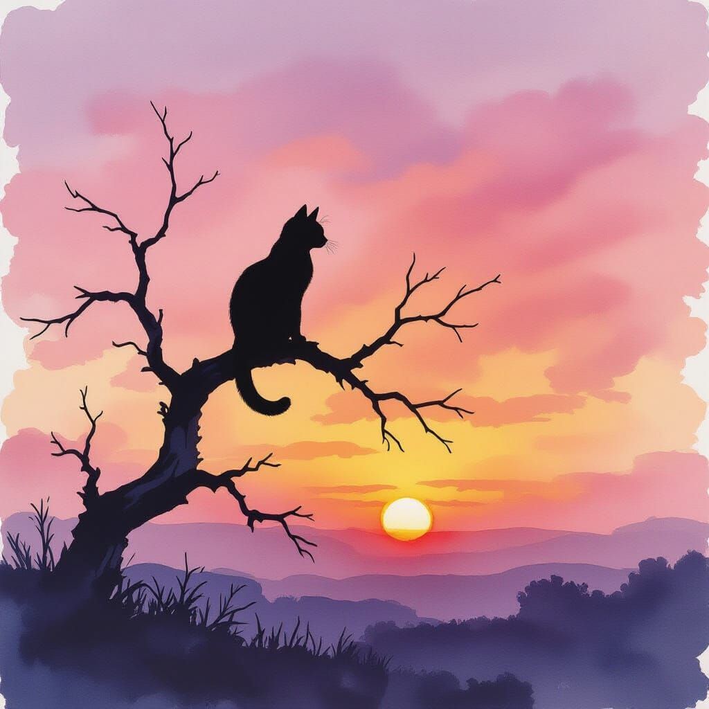Watercolor Daybreak Sky With Cat Silhouette on Tree