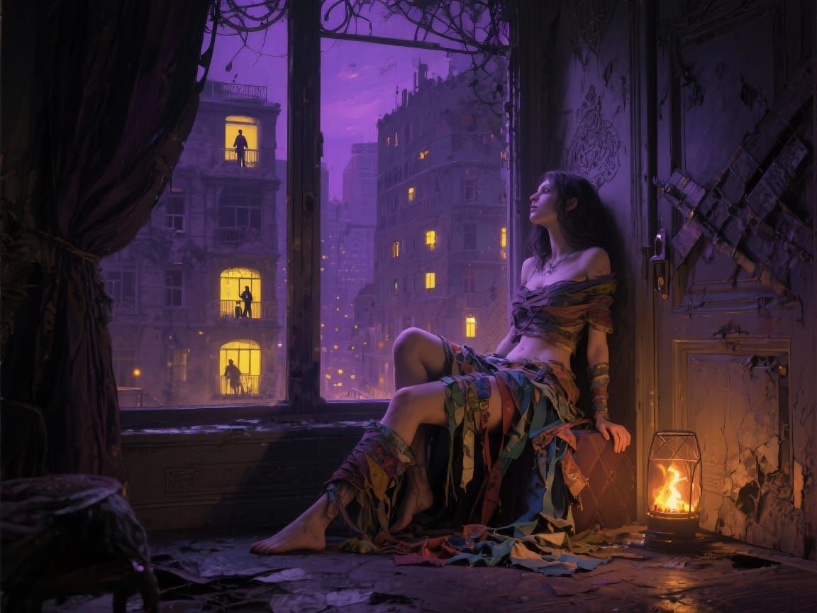 Survivor in Ruined City Penthouse, Dark Fantasy Art