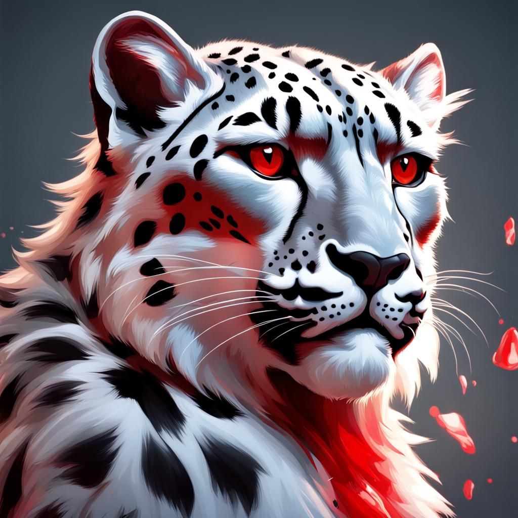 Snow Leopard with Red Horns: Digital Portrait