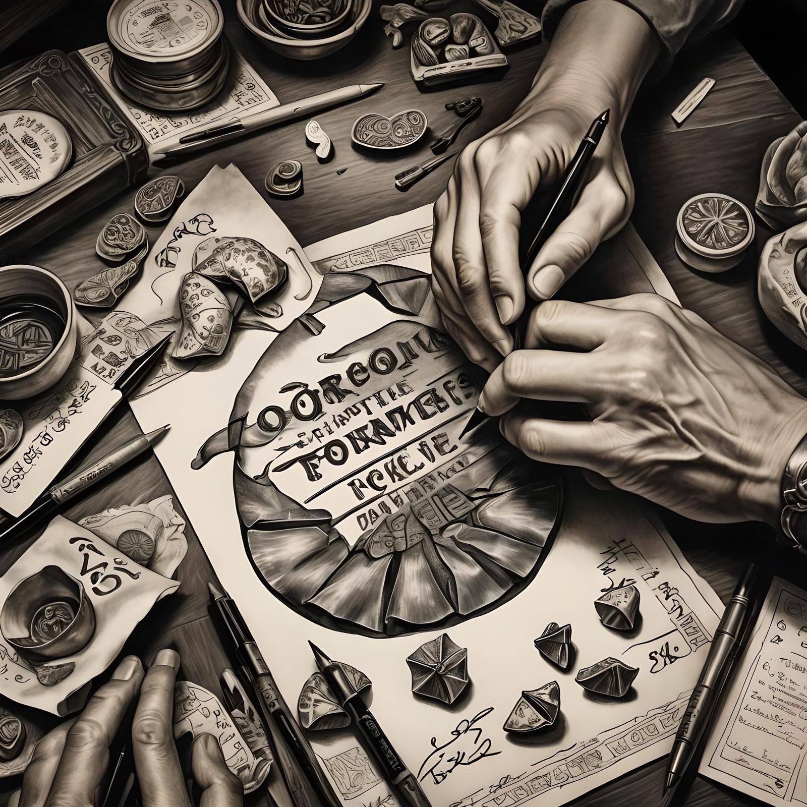 Detailed Charcoal Drawing of Fortune Cookie Writer