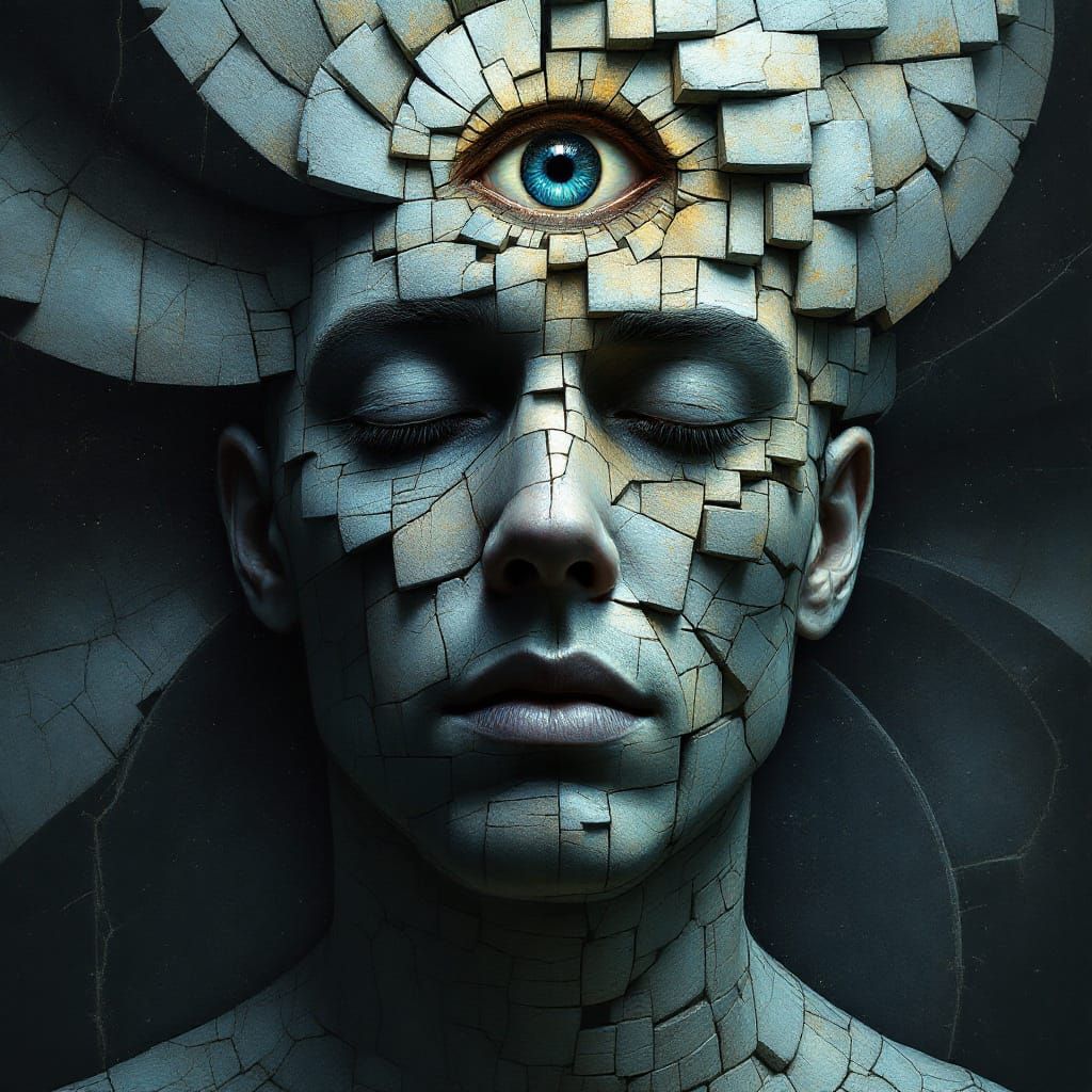 Surreal Stone Portrait with Escher Staircase Illusion