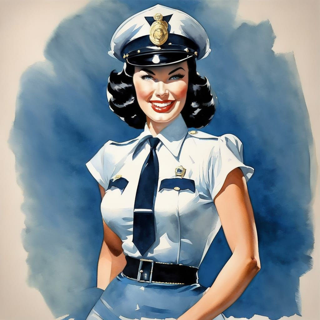 Bettie Page As Mischievous Police Officer in Watercolor