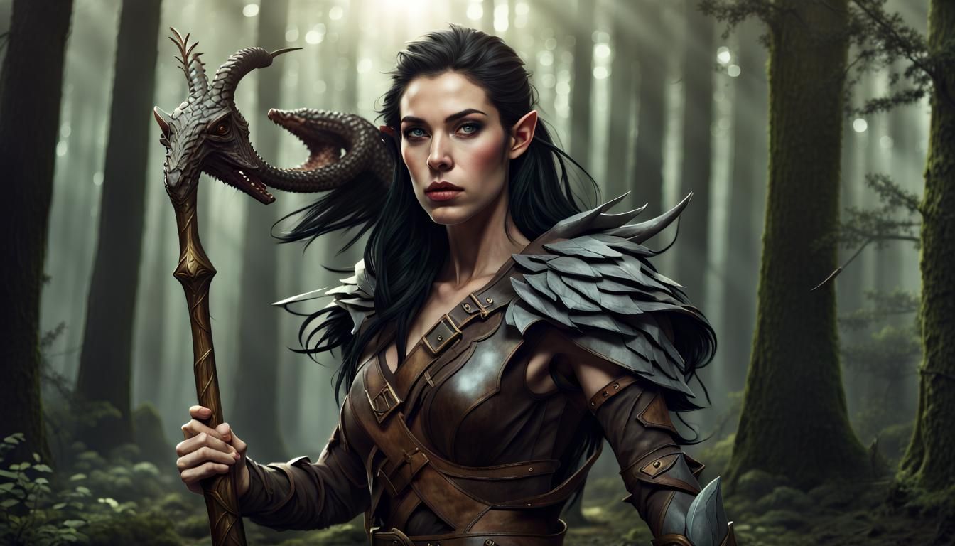 Elf Druid with Cobra Staff in Forest