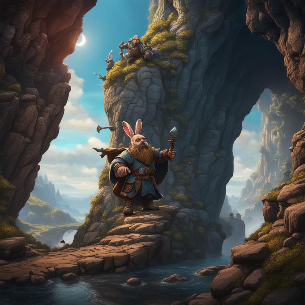 Dwarf Throws Rabbit Off Cliff: Fantasy Art