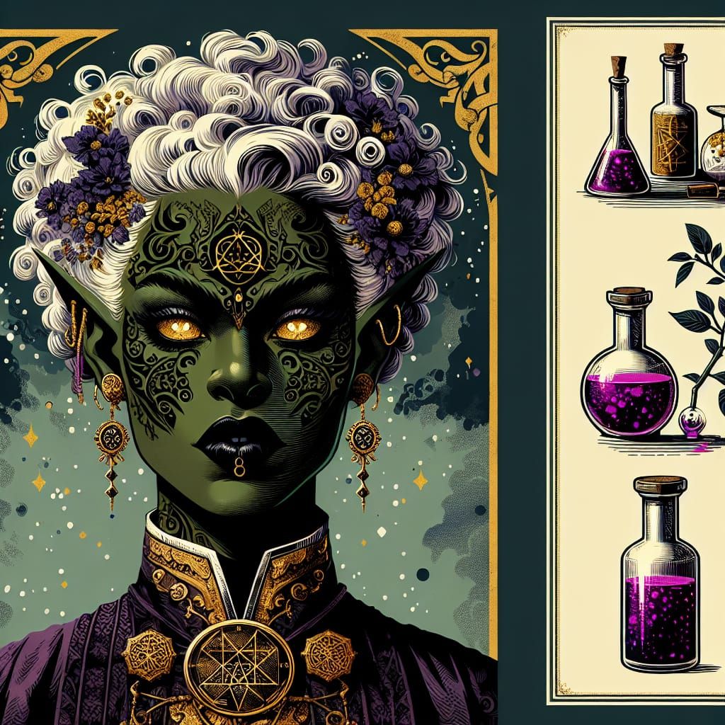 Dark Fantasy Alchemist in Retro Pin-Up Style