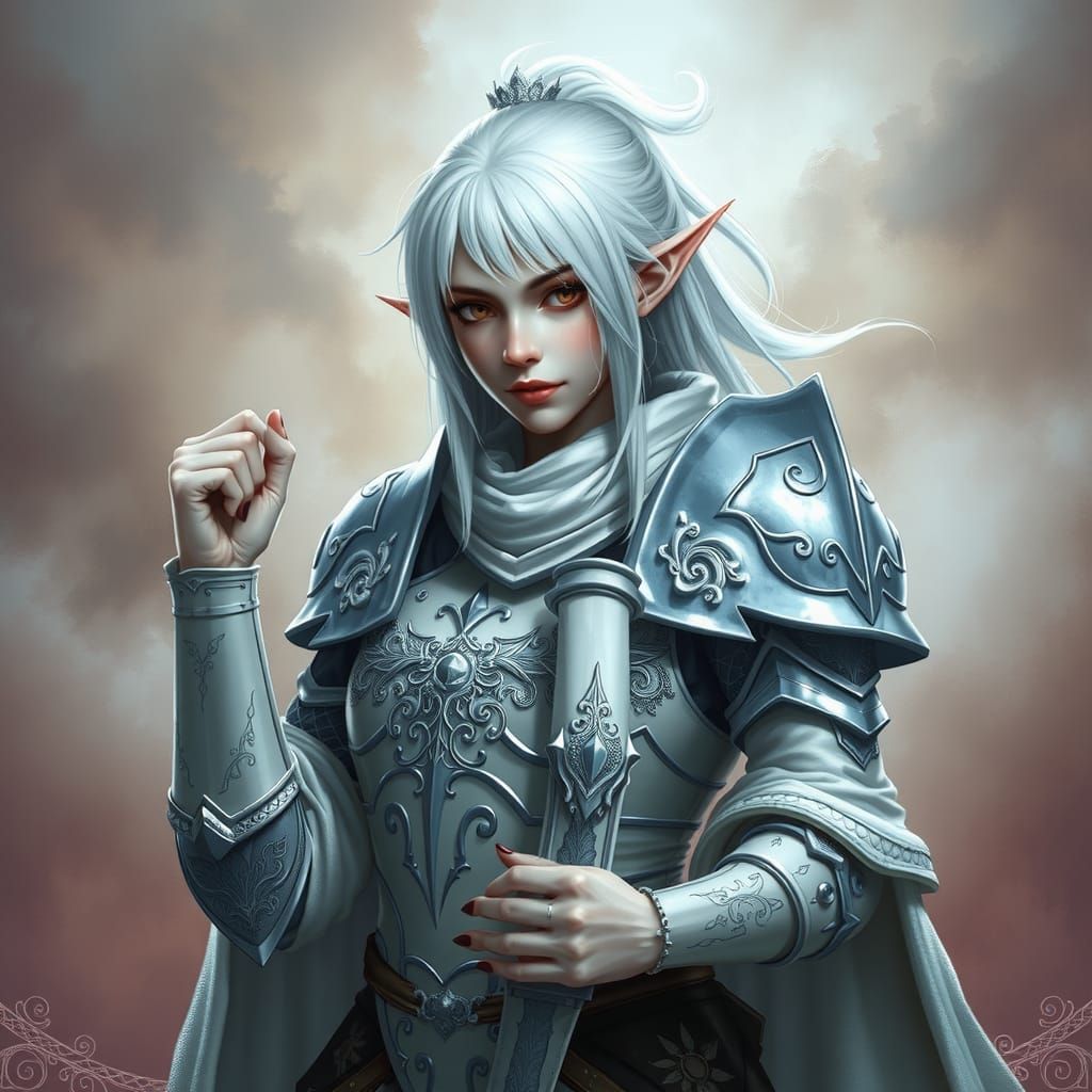 Albino Half-Elf Warrior in Silver Armor