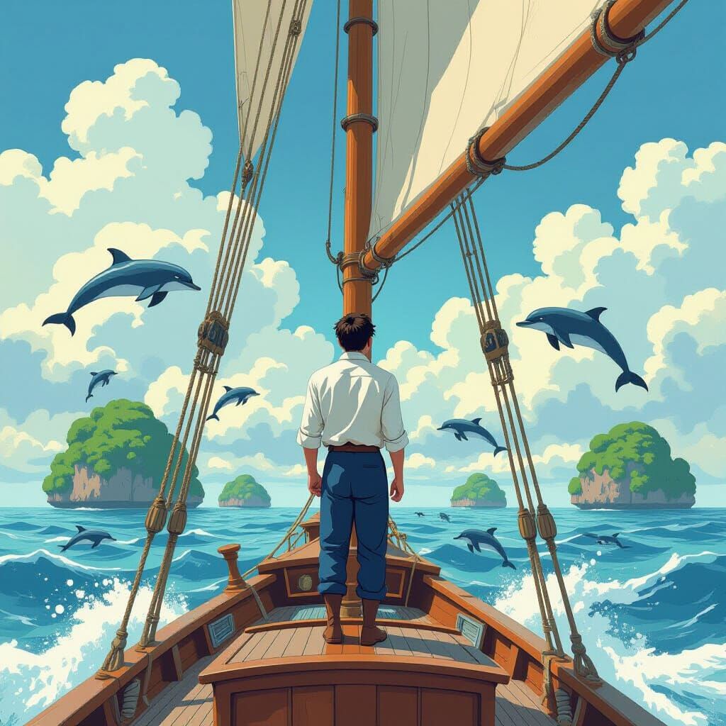 Sailor's Whimsical Voyage Through Sky Ocean