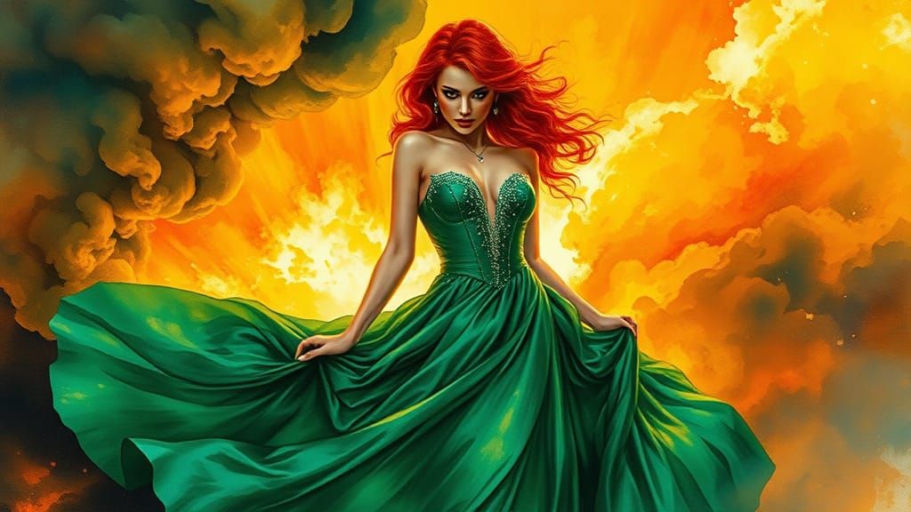 Emerald Goddess Ascends from Volcanic Flames