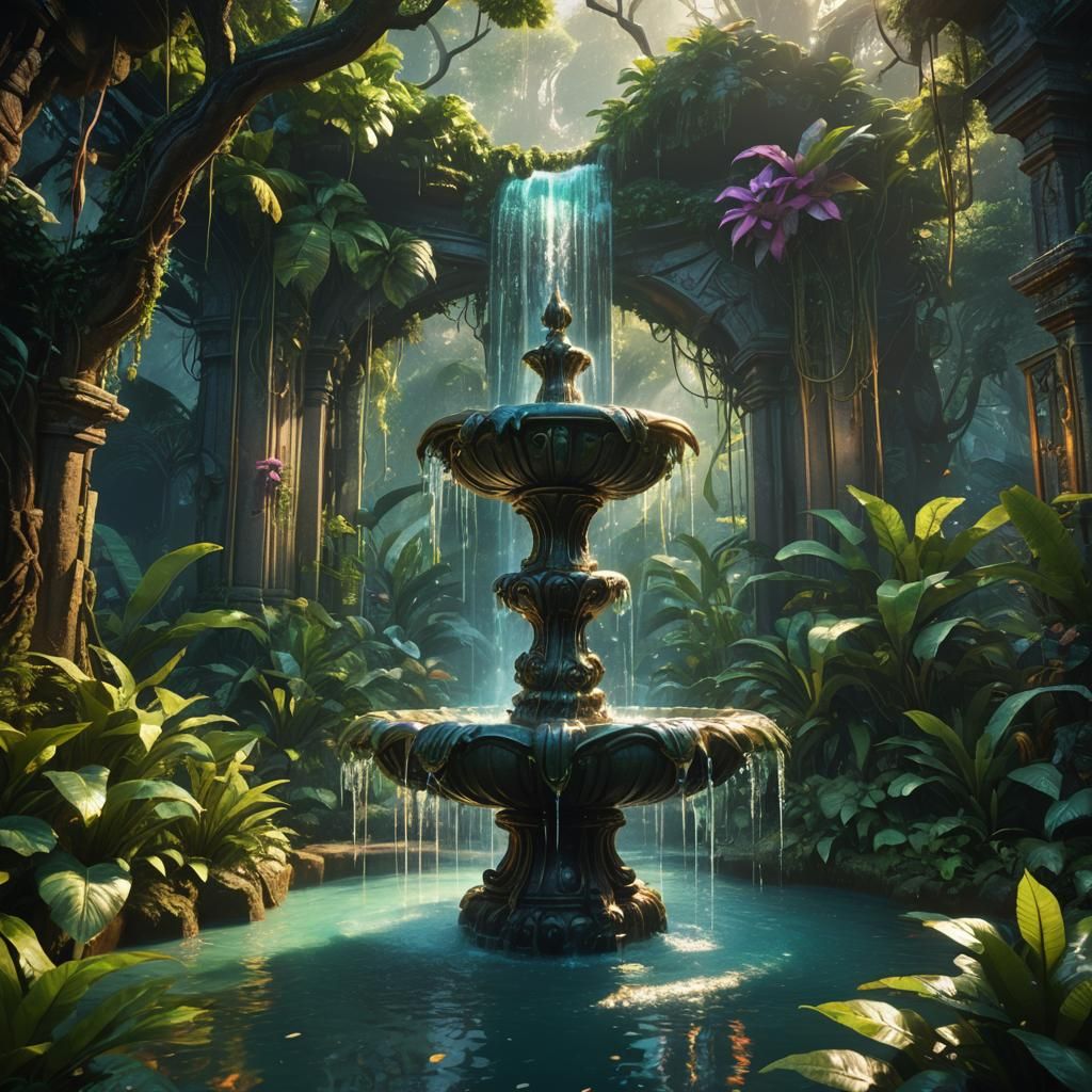 Glowing Fountain in Lush Jungle: Fantasy Art