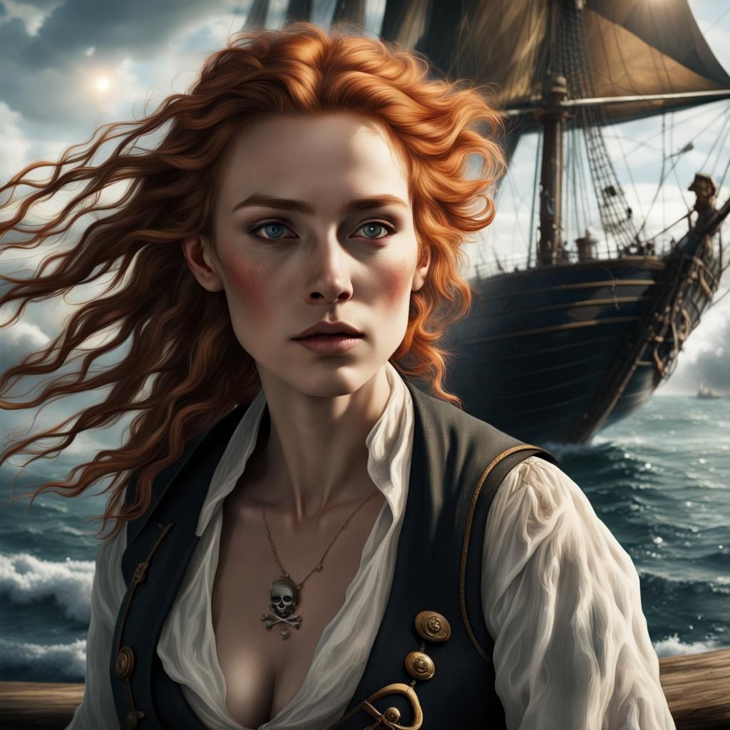 Pirate Woman with Windblown Hair in Harbor, 8K
