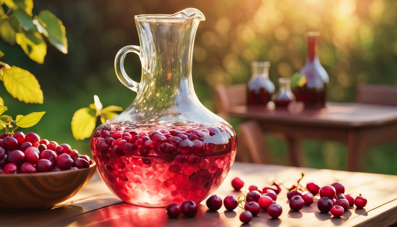 Carafe of Cranberry Wine in Garden: Oil Painting