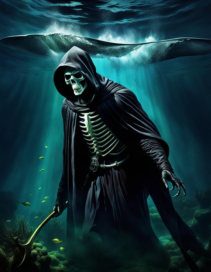 Grim Reaper Underwater: Hyperrealistic Fantasy Nightmare