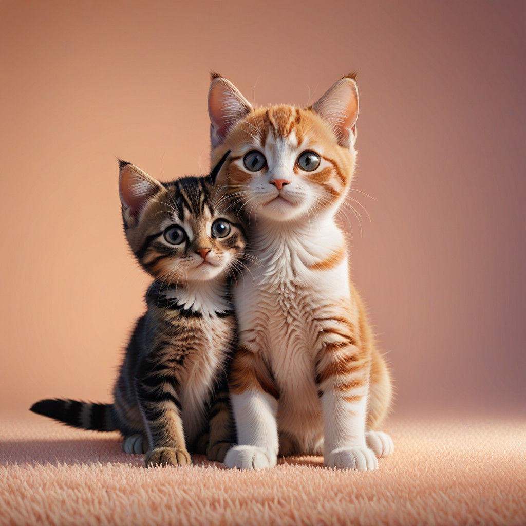 Happy Calico Kittens on Fluffy Peach Rug