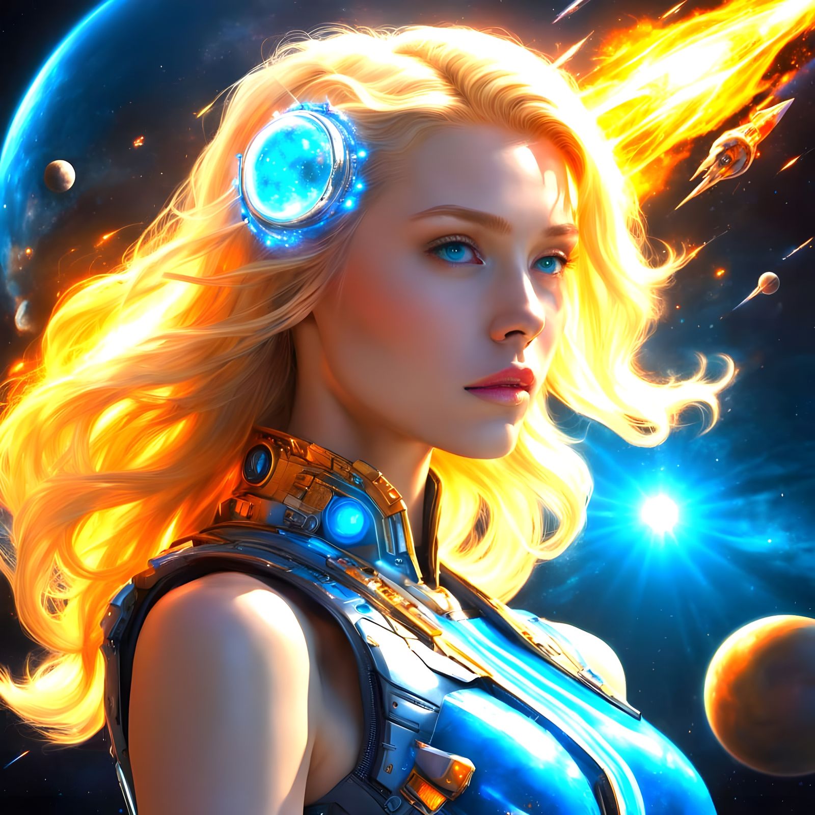 Radiant Goddess in Neon Blue Flaming Comets
