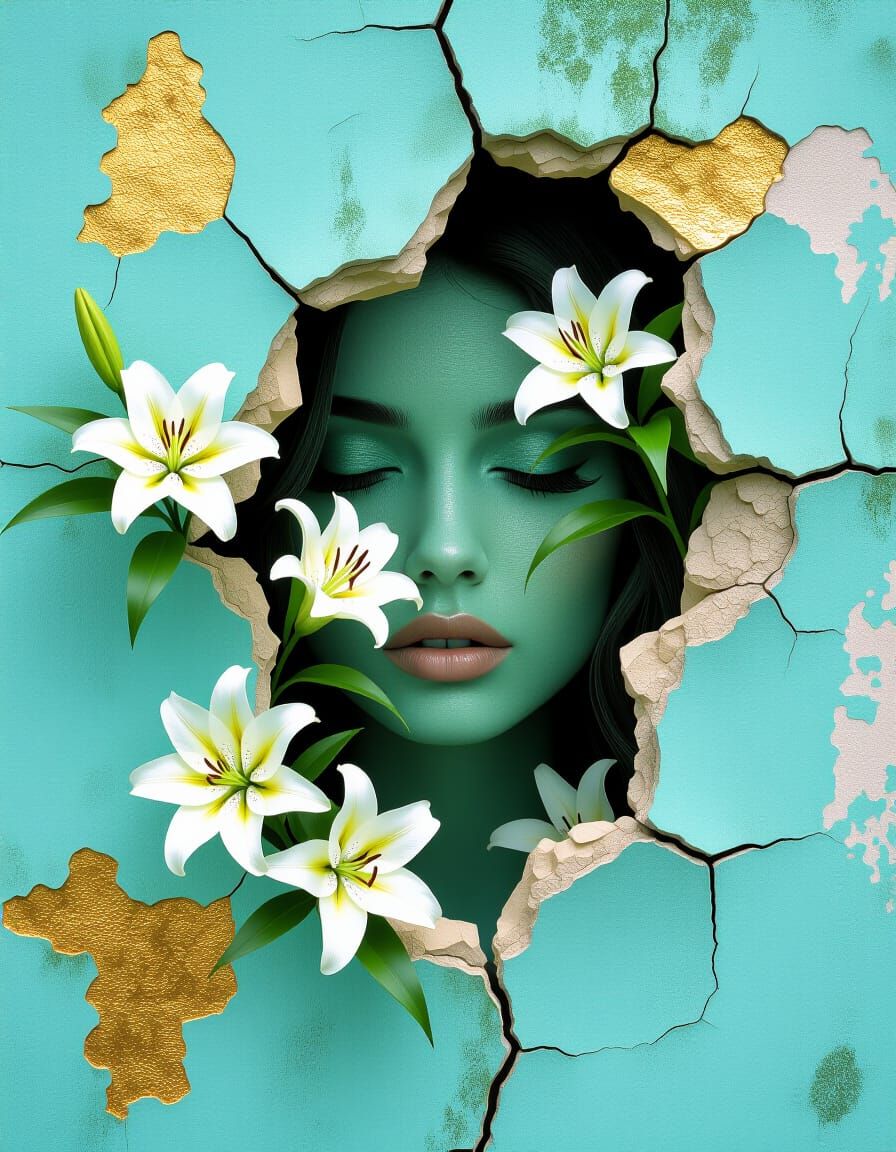 Surreal Lily Flowers Bloom from Weathered Turquoise Wall