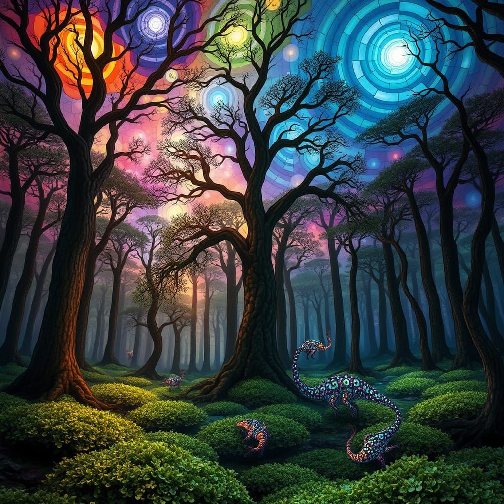 Stained Glass Forest Under Nebula Sky