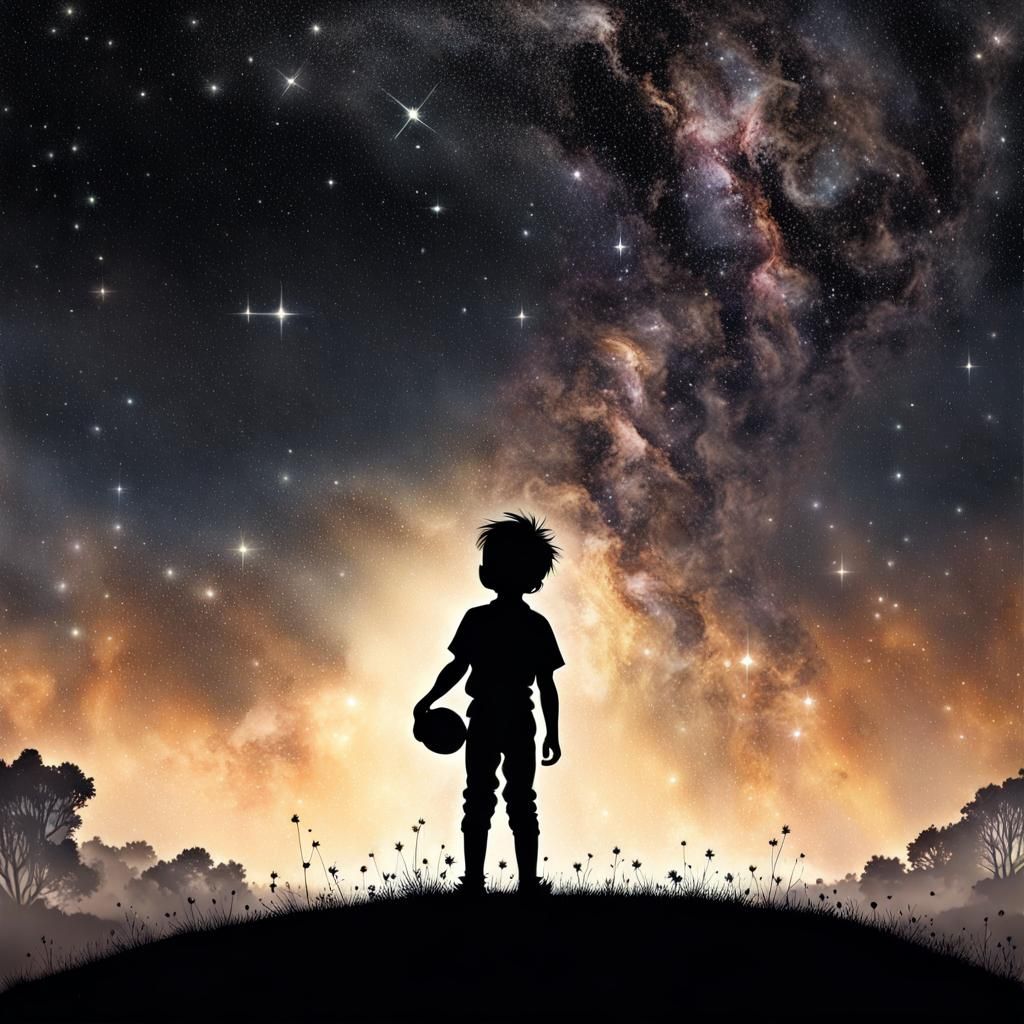 Boy Silhouette Under a Starry Night Sky