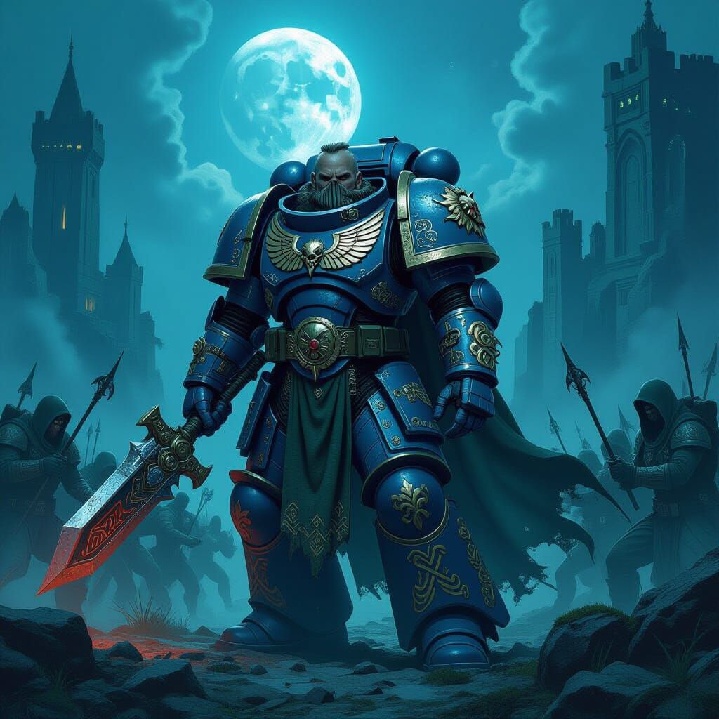 Space Marine Defends Lunar Fortress in Heroic Fantasy Style