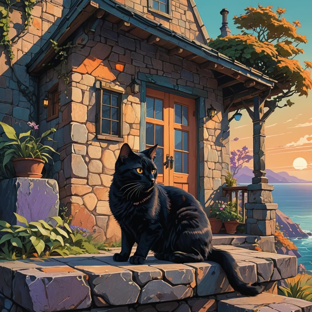 Black Cat on Cottage Porch: Fantasy Concept Art