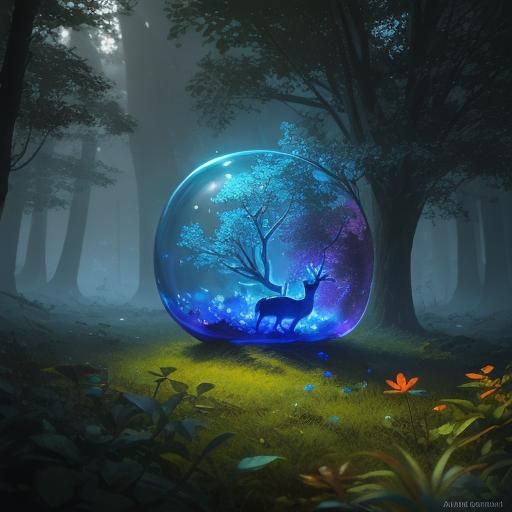 Fantasy Art: Deer Trapped Inside Crystal Apple in Forest