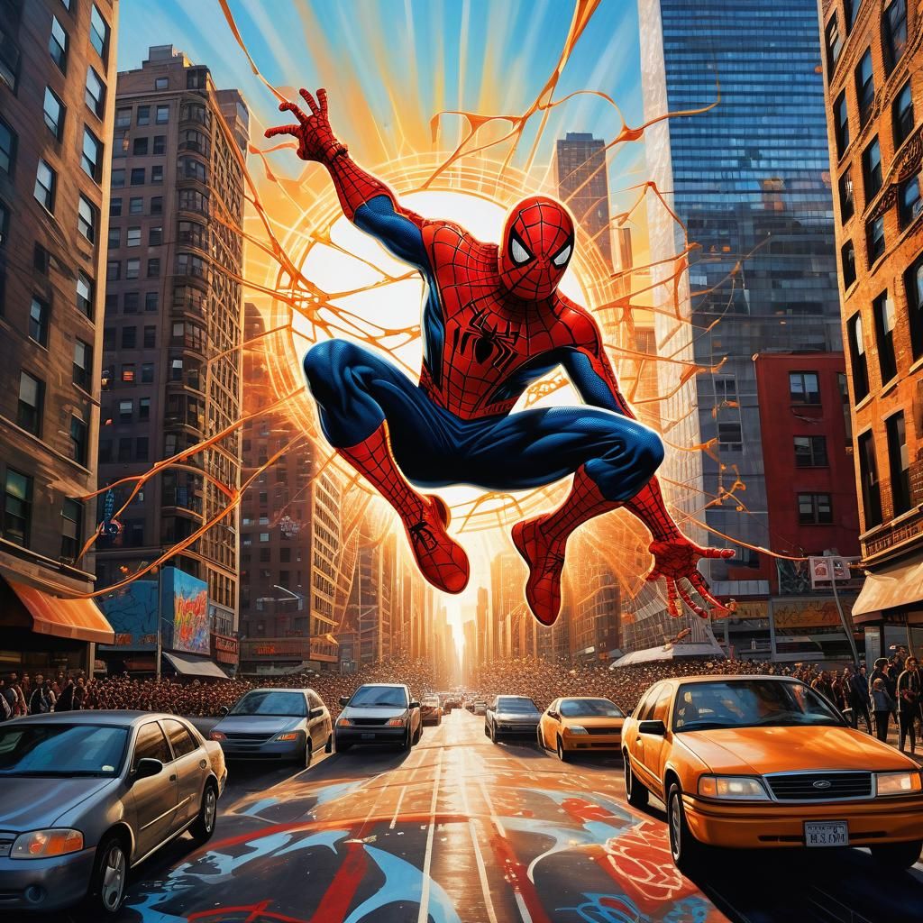 Spiderman Swings Through Sunset Cityscape