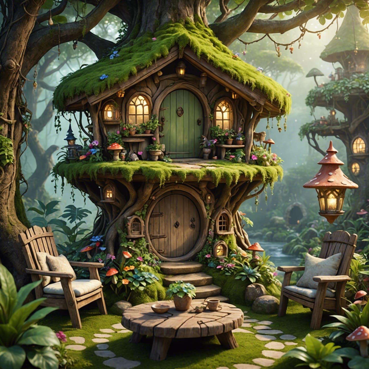 Magical Jungle Hobbit Treehouse Illustration