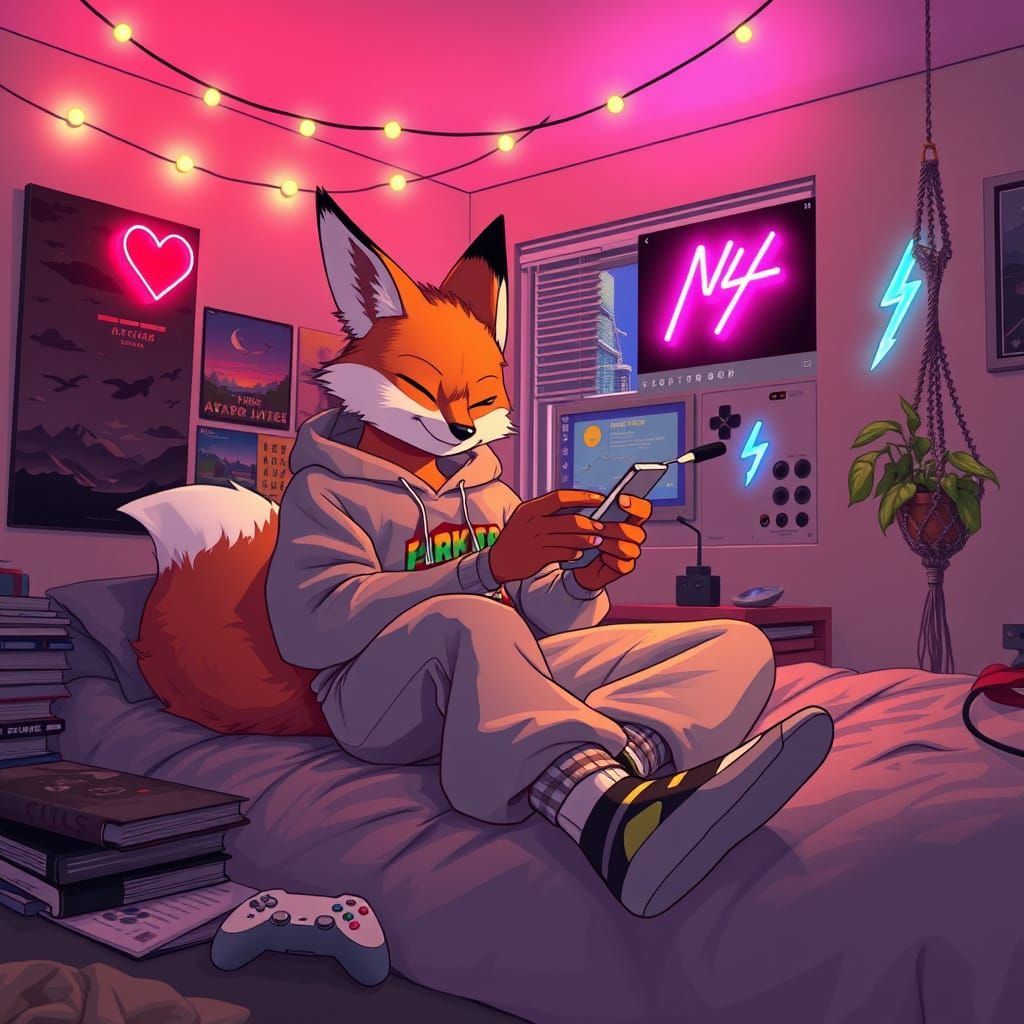 Anthropomorphic Fox Lounging in Cozy Bedroom
