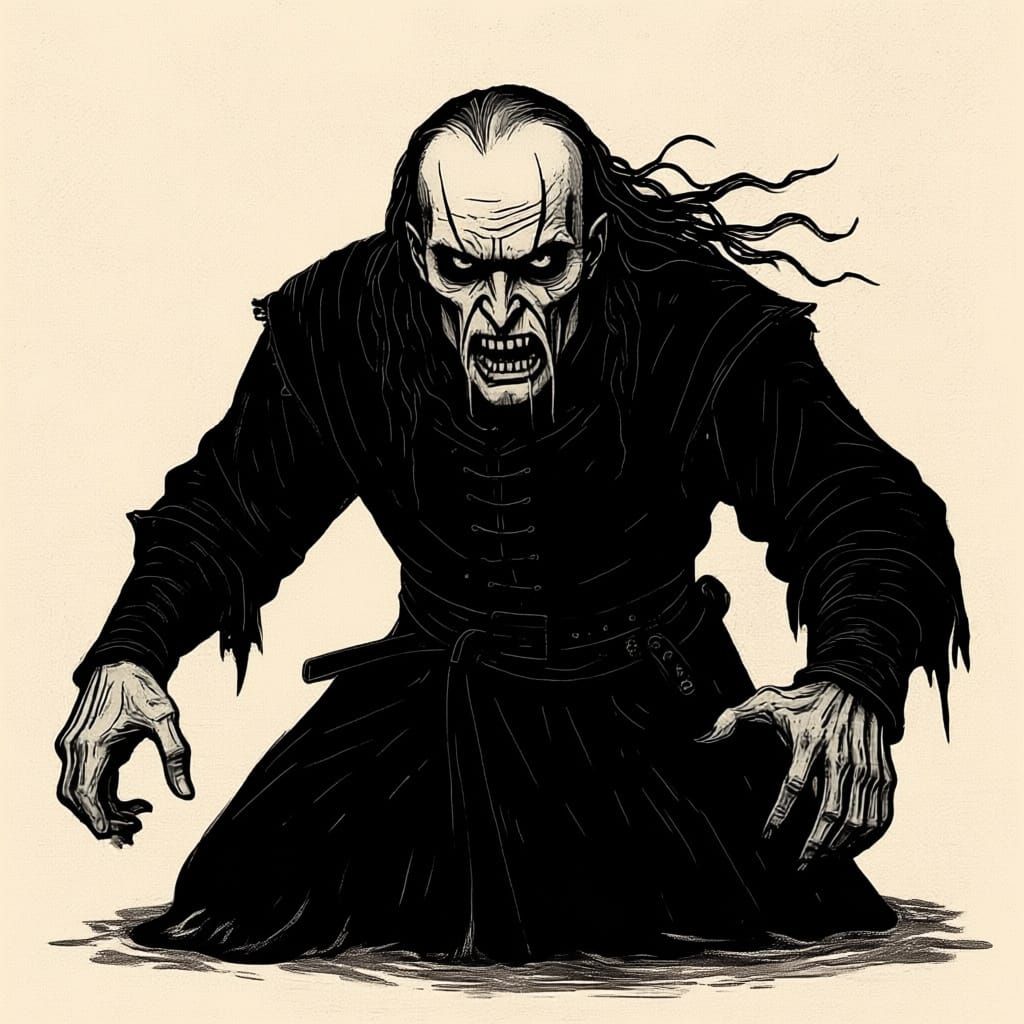 Archaic Medieval Woodcut of a Revenant Attacking